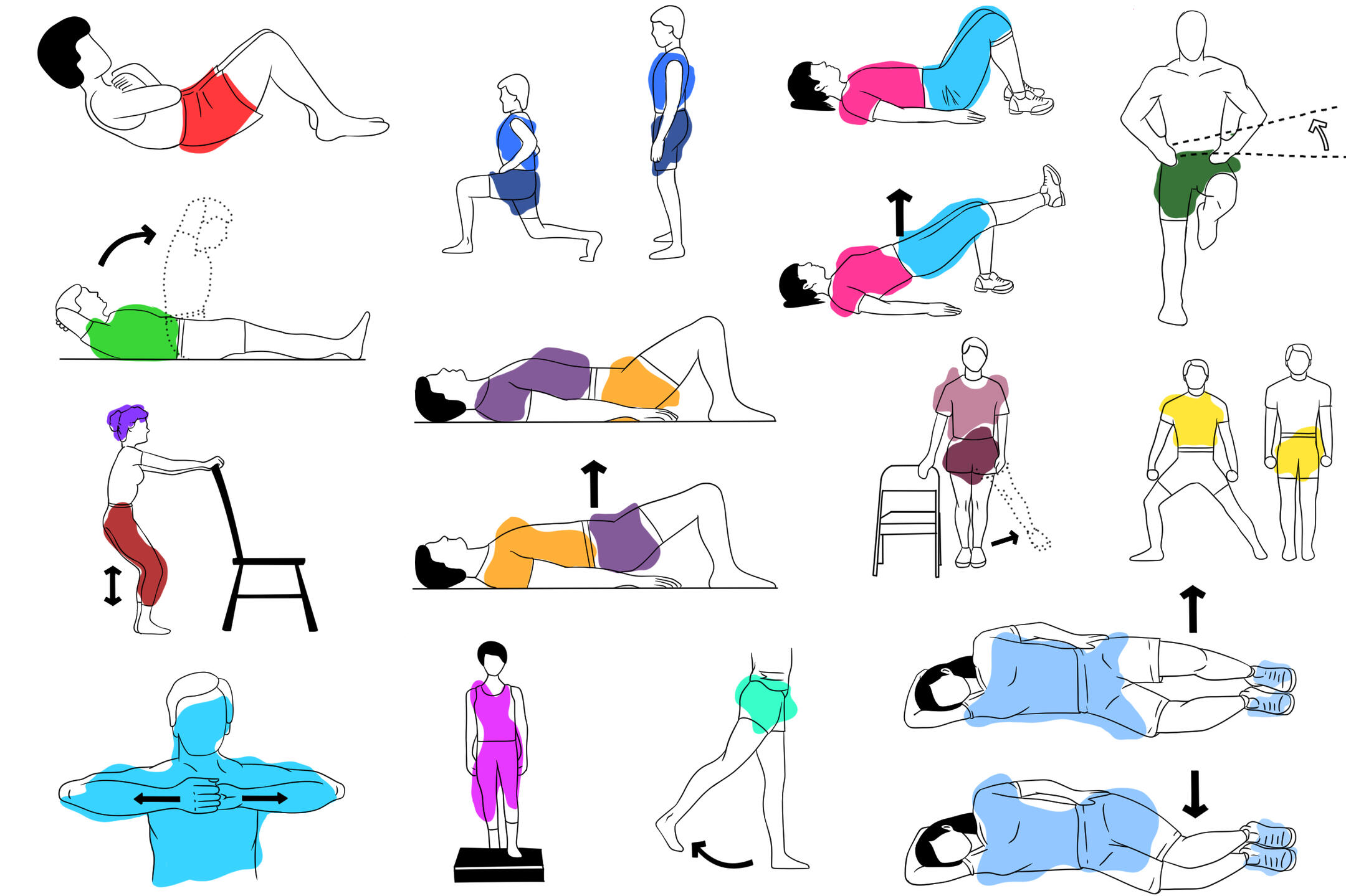 Hand drawn collage of various exercises that EMG (Electromyography) can be measured from. Created for social media post and email promotion.