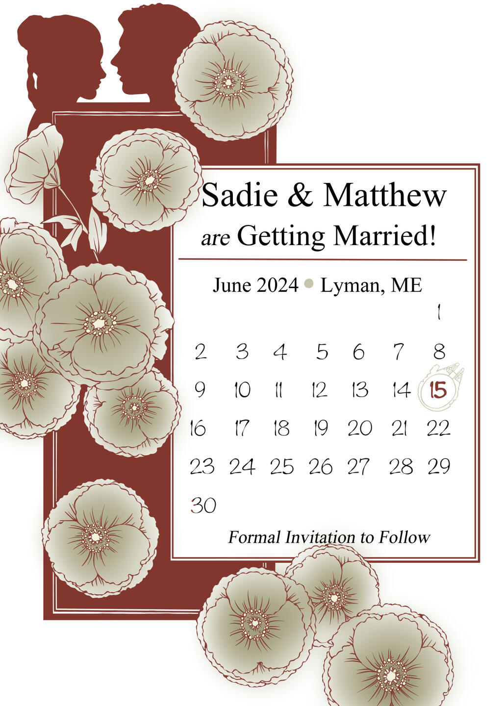 Save the date designed for a Star Wars themed wedding. Save the date is hand drawn featuring wedding colors and flowers that the couples dog (who they adore) is named after.