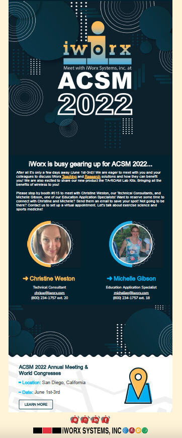 Informative email blast sent out to clients and those going to the ACSM trade show. Sharing information about the company, who from the company will be there and information about the trade show. With sleek and modern imagery.